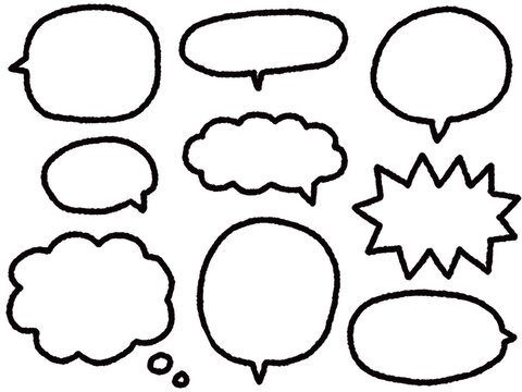 もこもこしたゆるい手書きの吹き出し線画セット 黒線のみのシンプル枠