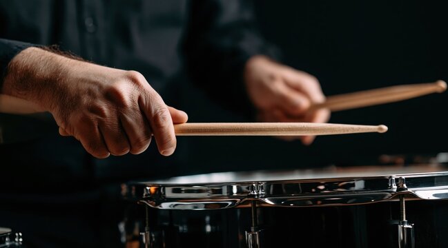 Male drummer hands holding wooden sticks over snare drum