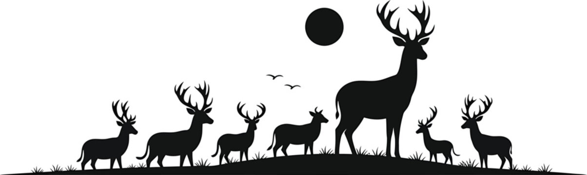 Deer Silhouettes Standing on Hill under Moonlight