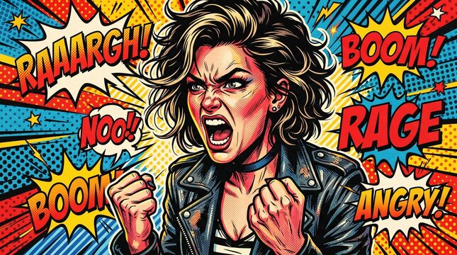 Angry woman with clenched fists shouting.