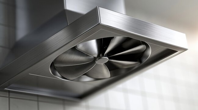 Stainless steel kitchen range hood with extractor fan view from below