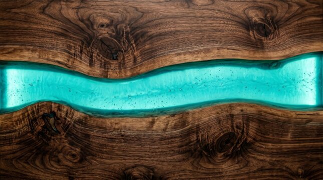 Rustic dark wood and cyan glowing epoxy resin background