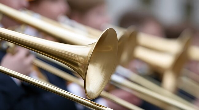 Close up of golden brass trombones in musical ensemble