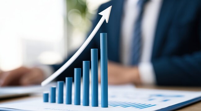Business growth chart with blue columns and rising white arrow on office table