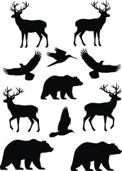Fototapeta premium Black Silhouettes of Deer, Bears, and Birds on White Background
