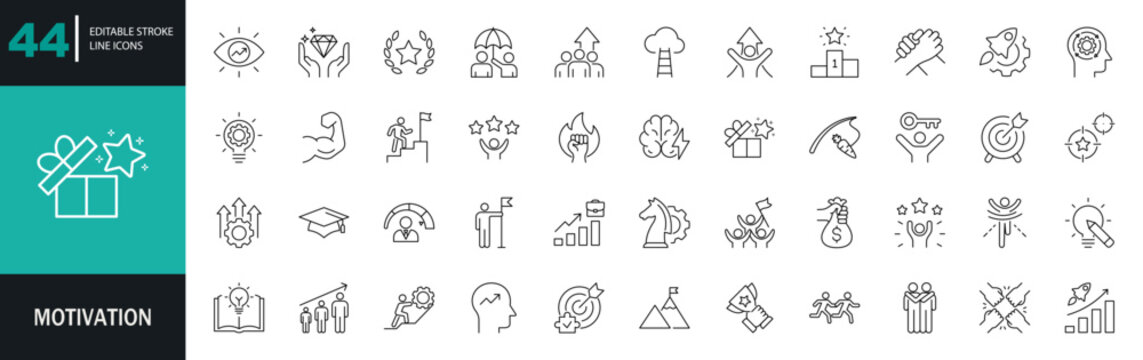Motivation line icon set. Positive, challenge, teamwork, personal growth, etc. Editable stroke. Vector illustration