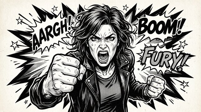 Angry woman with fists clenched shouting.