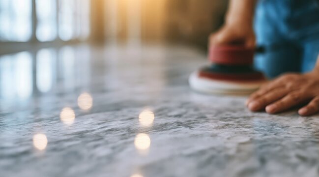 Person polishing marble countertop with electric buffer machine