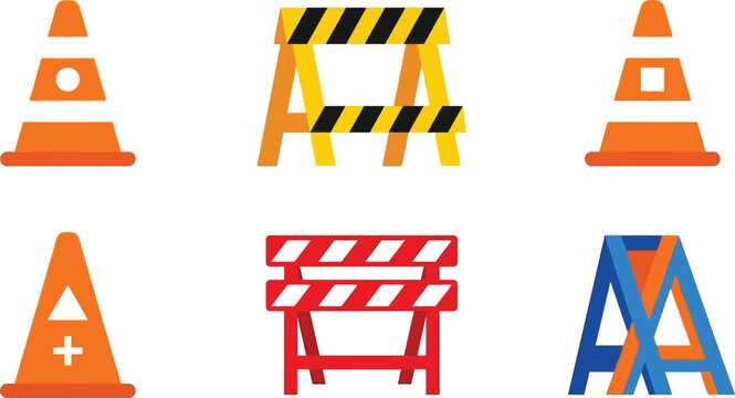 Set of flat design construction cones and road barriers vector illustration for safety warnings and building sites isolated on white background