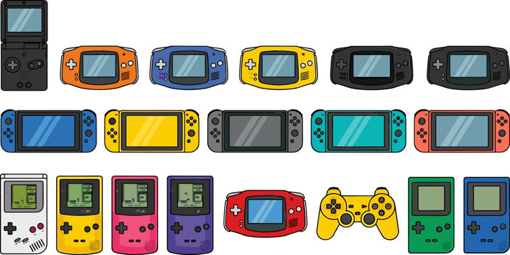 Handheld Gaming Consoles Collection Featuring Retro and Modern Portable Video Game Devices, Classic Controllers, and Colorful Electronic Entertainment Gadgets Vector Illustration Set