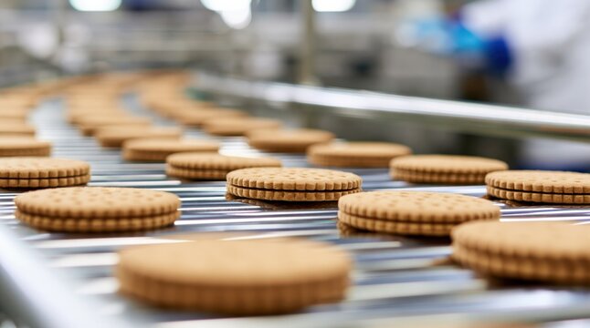conveyor line with round sandwich biscuits in food factory