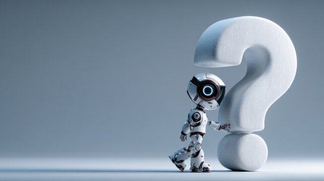 A robot ponders a giant question mark, pondering and seeking answers. This image captures the essence of artificial intelligence's curiosity and learning process