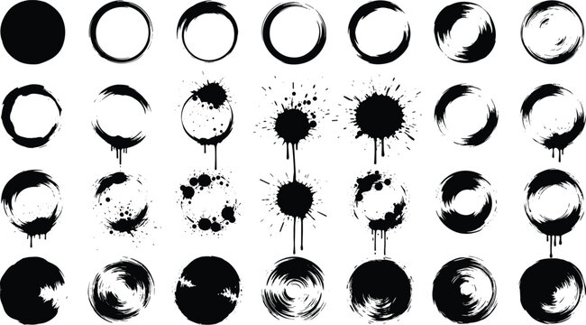 Black ink splash and dripping circle set with grunge paint splatters textured brush strokes and hand drawn round frames for urban streetwear and zen logo design