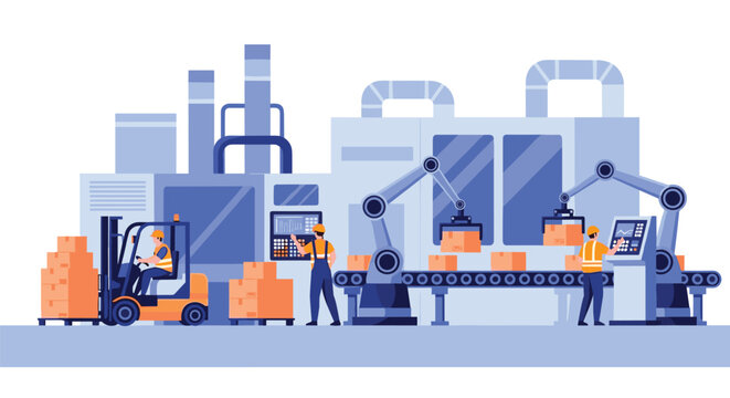 Modern automated warehouse facility with robotic arms moving boxes on a conveyor belt while workers monitor the production.