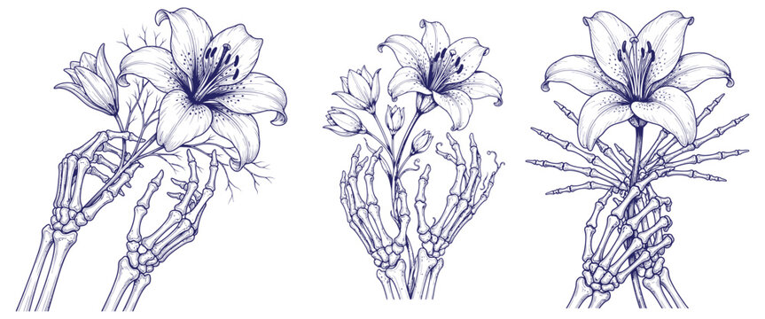 Skeleton hands holding lily flowers illustrations representing mortality and eternal love in gothic botanical art style.