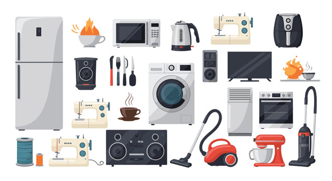 Large set of essential household appliances and kitchen tools including a refrigerator washing machine and sewing machine.