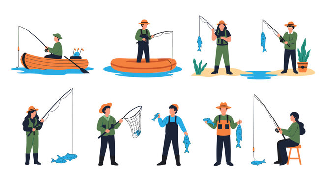 Diverse group of people enjoying fishing activities in different settings from boats and the shore with rods and nets.