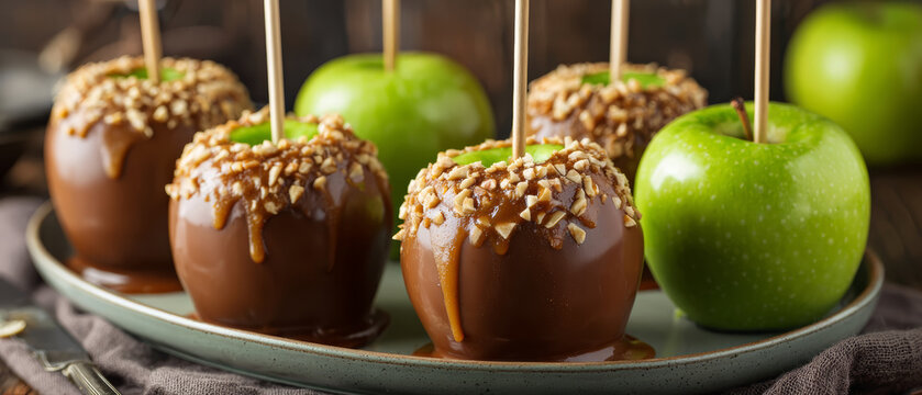 Caramel apple candy apple green apple nut topping dessert sweet autumn harvest plate stick snack treat gourmet coated homemade festival fair