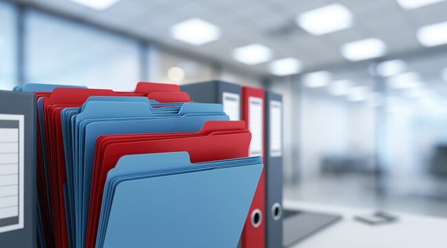Red and blue folders and office binders on desk