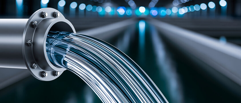 Industrial pipeline water flow metal pipe clear water turbulence motion technology infrastructure blue light depth perspective