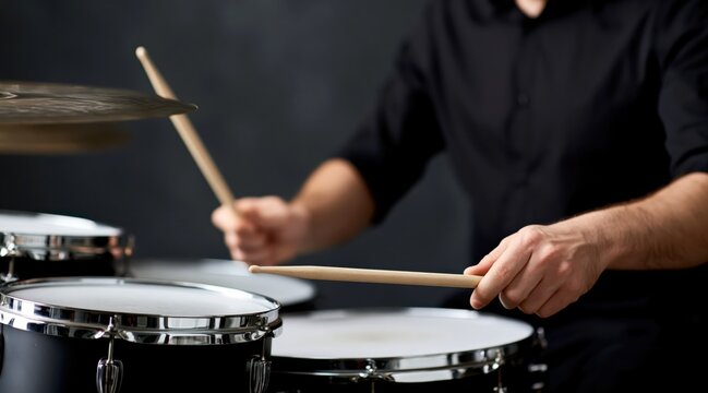 drummer playing drums with wooden drumsticks