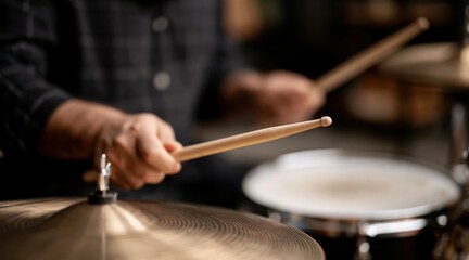 Obraz premium Close up of drummer hands playing snare drum and cymbal with wooden sticks