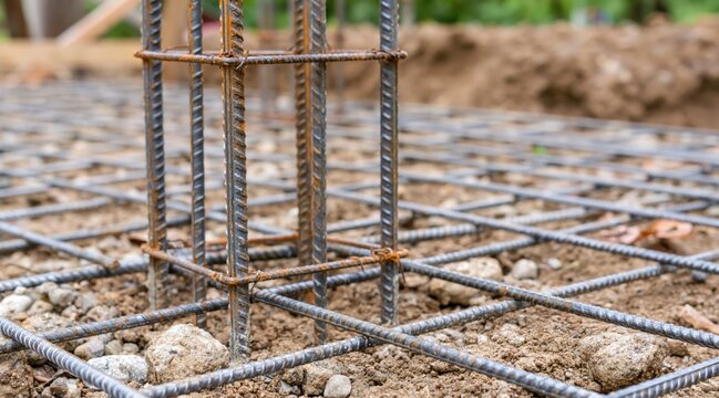 Rebar cage for concrete column on foundation steel mesh in construction site