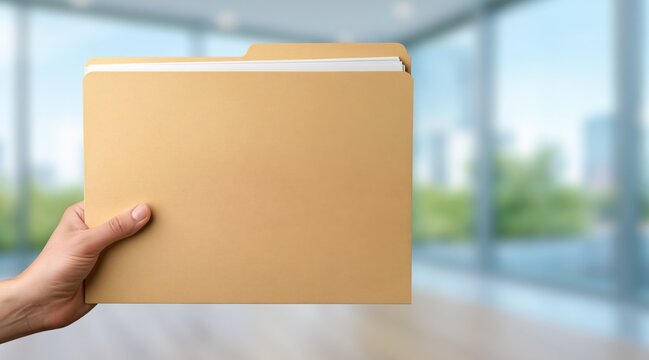 Hand holding manila folder with papers in front of blurred office background
