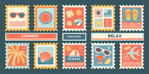 Colorful postage stamps with summer vacation icons and travel themed illustrations flat vector design © Sanjit