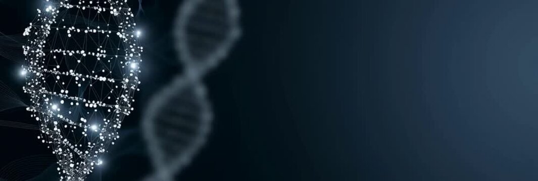 a dark blue background with abstract representations of dna double helix structures in the top left and extending down the left side, a prominent white dna helix composed of interconnect Generative AI