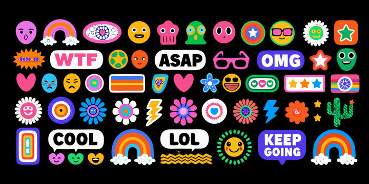 Colorful sticker set with playful expressions text phrases and floral designs on a black background