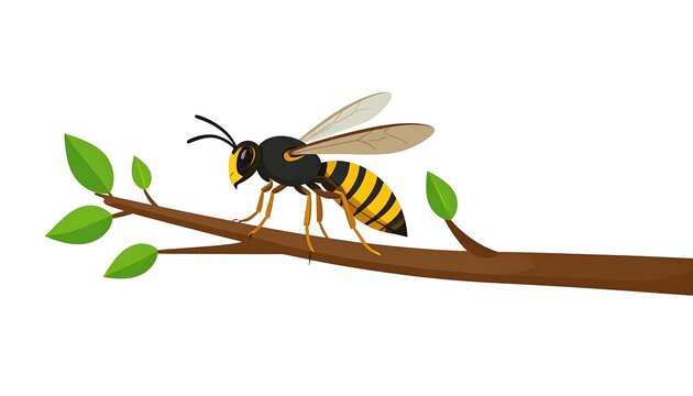 A cartoon-style depiction of a yellowjacket wasp perched on a brown tree branch with green leaves against a white backdrop