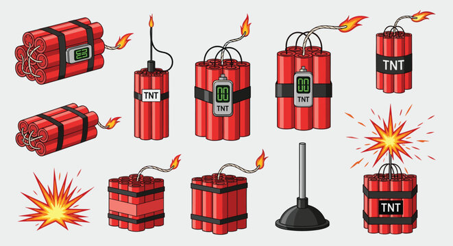 Set of dynamite and TNT explosive icons with various fuse lengths and digital timers in a classic pixel art video game style.