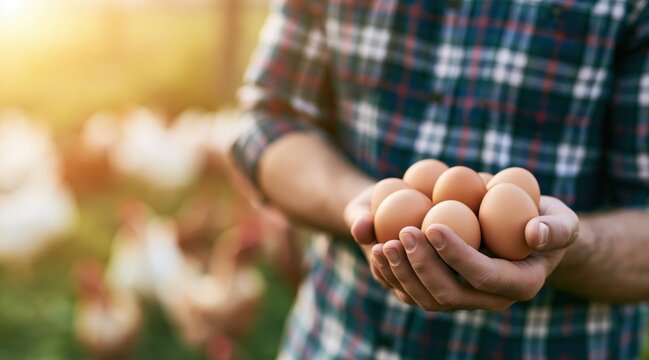 Farmer holding fresh brown eggs in hands at poultry farm