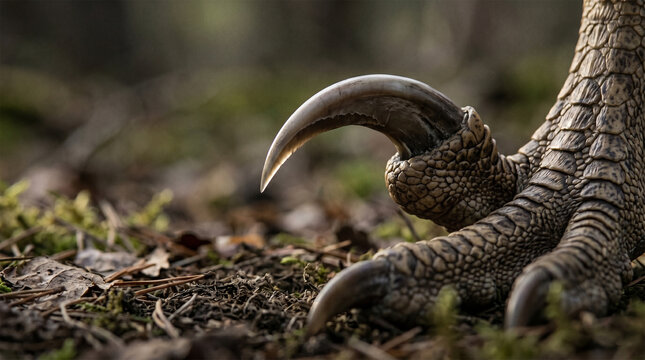An extreme macro photograph focusing on the Velociraptor&rsquo;s iconic, retracted second toe claw. The shot highlights the sharp, hooked tip and the leathery, bird-like scales of the foot. 