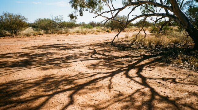 Australian outback landscape featuring long jagged shadows of a eucalyptus tree branch cast over a dry red dirt track and cracked soil with arid scrubland and clear blue sky.