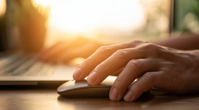 hand using computer mouse on wooden desk with laptop in golden hour light