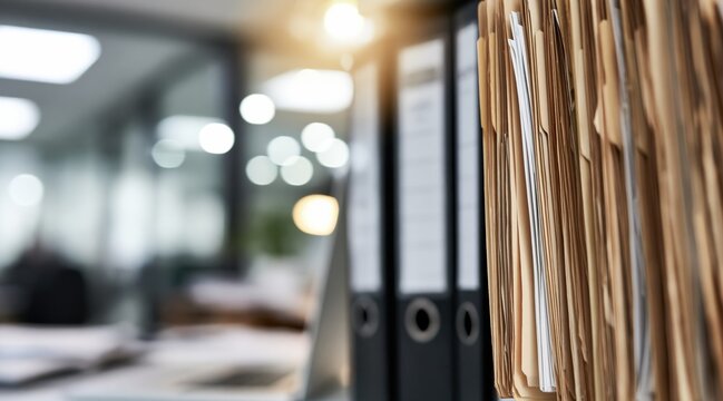 Close up of manila file folders in black binders in office