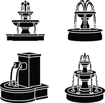 Four black and white fountain water drinking fountains symbols