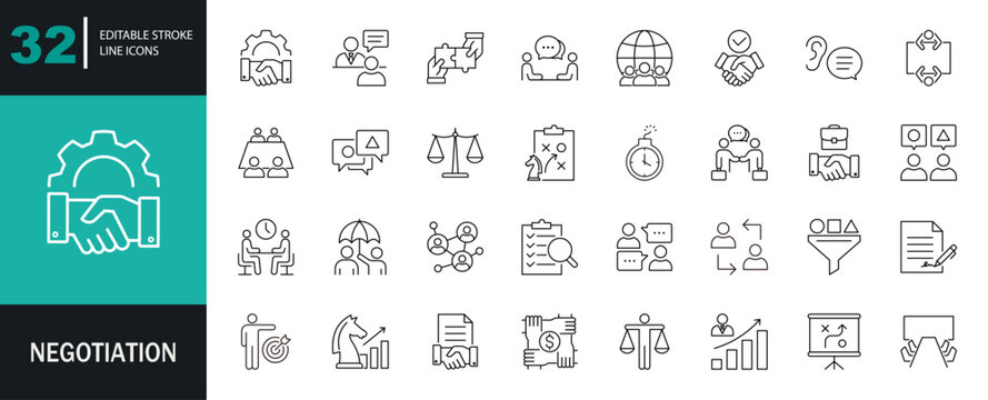 Negotiation icon set. deal, agreement, talk, discuss, bargain, contract, offer, terms, collaboration, partner icon