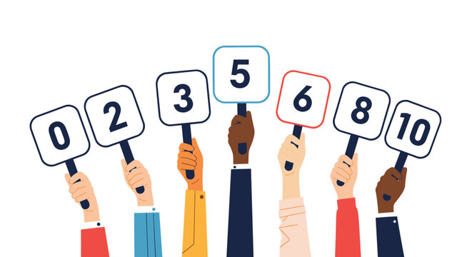 Group of diverse hands holding up score cards from zero to ten for evaluation, competition, or performance feedback.