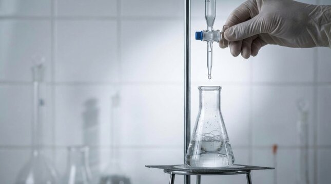 Close-up of a gloved scientist's hand adjusting a burette stopcock to dispense a precise drop of liquid into an Erlenmeyer flask for chemical titration in a clinical laboratory setting.
