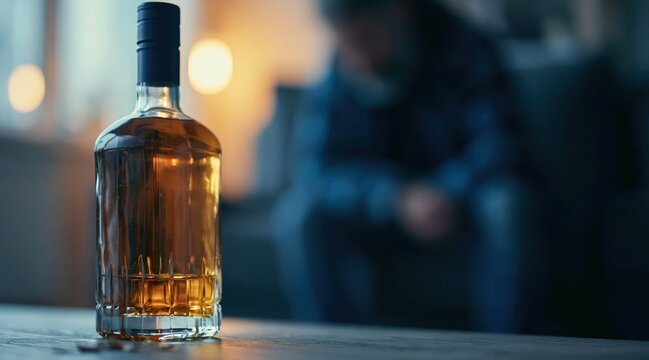 whiskey bottle on table with blurred man in background
