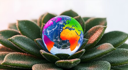 Naklejka premium Vibrant Earth globe nestled within the lush green petals of a succulent plant, symbolizing nature's delicate balance and environmental care