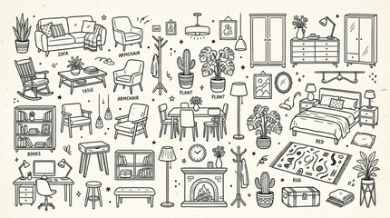 Obraz premium Collection of Hand Drawn Furniture and Home Decor Items.
