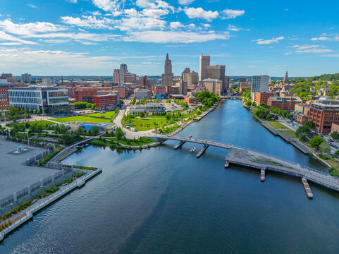 Providence River aerial view including Michael S. Van Leesten Memorial Bridge, with modern city skyline at the background, downtown Providence, Rhode Island RI, USA.