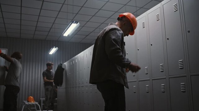 Male Professional in Safety Helmet and Workwear Enters Locker Room, Friendly Greets Coworkers, and Starts Changing After Long Shift in Modern Factory. Concept of Professional Industrial Routine.