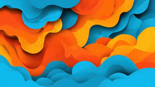Layered abstract shapes undulate across the composition in contrasting bright colors