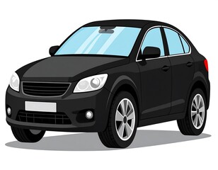 Obraz premium A cartoon-style illustration of a black vehicle. It is a sleek, modern design with a hatchback, glossy finish, and light-blue tinted windows