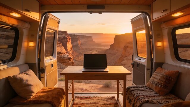 Interior of a cozy camper van set up as a remote office overlooking a scenic canyon at sunset.